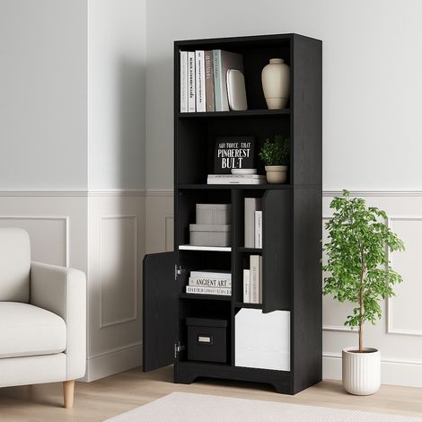 Libreria multifunzionale con vani a giorno, ante e cassetti, in bianco e nero, stile moderno, mobile contenitore per camera da letto e soggiorno.