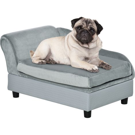 Pawhut – Canapé pour chien et chat sur pied – Structure en bois – Coussin amovible en velours – Rangement intégré – 76x45x43cm – Gris clair