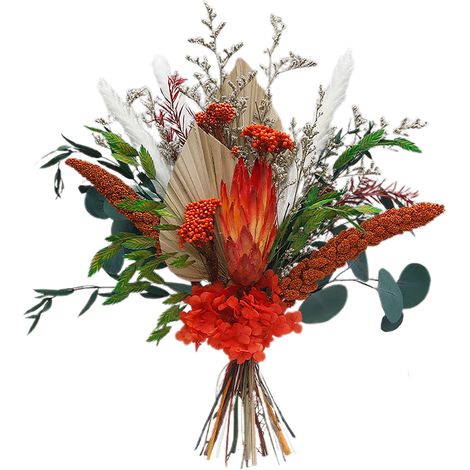 【【CH-098】001 (sans vase)】Bouquet de fleurs séchées de lotus des neiges, bouquet en forme d'éventail, feuilles d'eucalyptus mélangées à un vase rouge haut de gamme pour de vraies fleurs, décoration int (1/2)