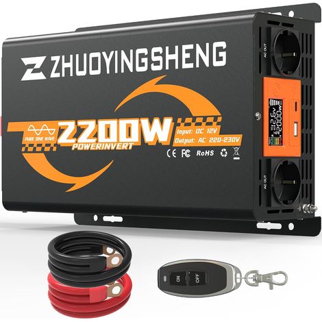 2200W Convertisseur 12v 220v Pur Sinus ,Transformateur,Onduleur Pur Sinus,avec télécommande,LCD,2 Prises EU,1Ports USB,1 Interface PD30W Type-C,per Camions,VéHicules, Camping (1/5)