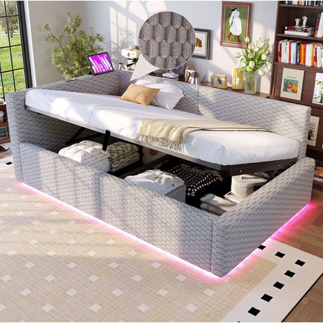 Schlafsofa 90x200 cm grau aus Samt mit LED-Beleuchtung und Stauraum (1/5)