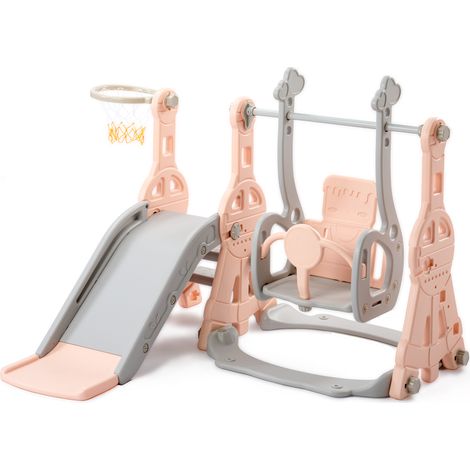 Toboggan pour Enfant 4 en 1, Toboggan pour Bébé avec Panier de Basket, Fauteuil à Bascule, Balançoire, Toboggan Intérieur et Extérieur Enfant Toboggan pour Tout-Petits, Rose (1/5)