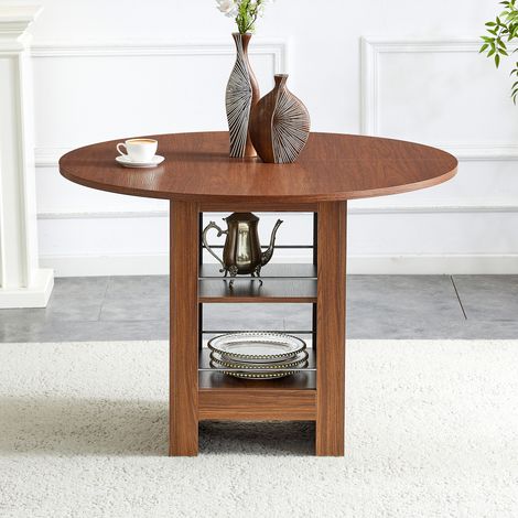 Table ronde moderne 100cm plateau grain noyer compartiments ouverts,pour 4 à 6 personnes,cuisine,salon et petit espace. (1/5)