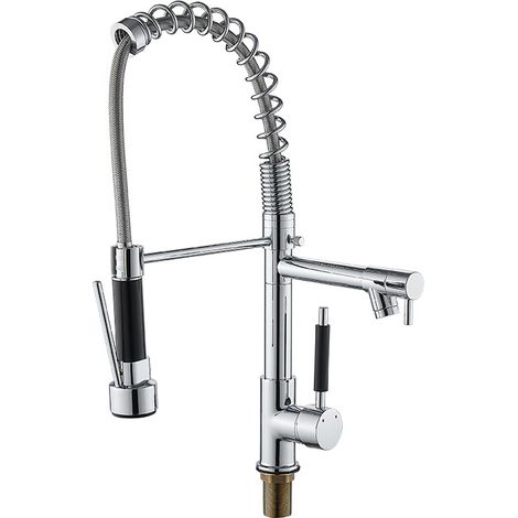 Douchette extractible pour robinet de cuisine professionnel, double tête, finition nickel brossé. Deux jets pour un nettoyage haute efficacité, montage 1 ou 3 trous, pivotant à 360°. (1/5)