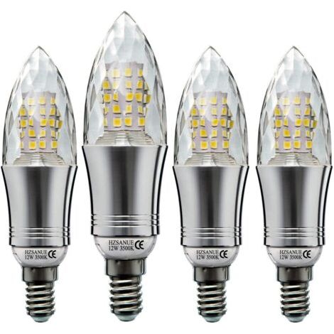 Lot de 4 Ampoule LED en Forme de Bougie E14 12W, Équivalent 100W Ampoule Incandescente,  Blanc Lumière du Chaud,  Ampoule Bougie Petit Edison à Vis NPTERBL