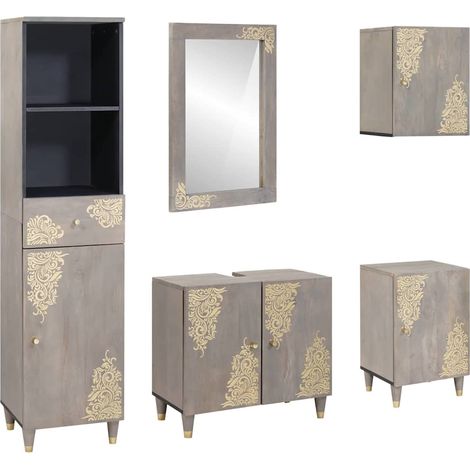 Badezimmerschrank-Set Wandmontiert 5 pcs Grau Massivholz Mango