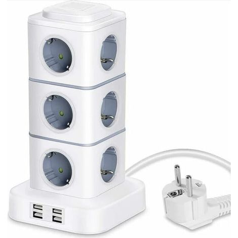 Multiprise,Tour Multiprise, 12 Prises Multiprise Electrique (2500W / 10A) avec 4 Ports USB, Multi Prises électriques Parafoudre Multiprise Verticale (1/5)