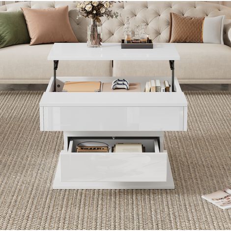 Tavolino basso 70 x 70 cm con piano sollevabile girevole a 360° e cassetto, bianco DESVIAE (1/5)