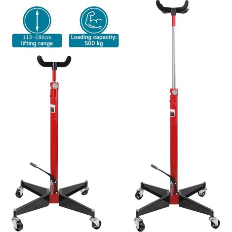 Gato de transmisión, capacidad de carga de 500 kg, altura ajustable de 110 a 190 cm, construcción de acero al carbono, 4 ruedas giratorias, accionamiento mediante pedal. (1/5)