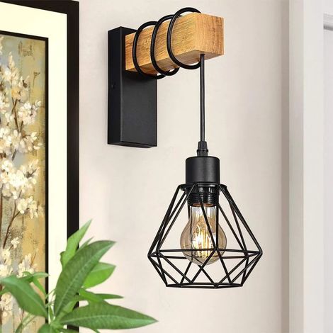LED Applique murale vintage  design industriel, lampe rétro en acier et bois, marron, culot E27  Noir