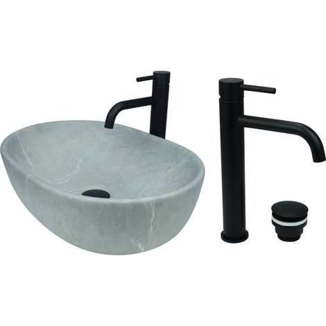 GTM Design Aufsatzwaschbecken 48 cm Matt Set mit Waschtischbatterie und Stopfen - Aufsatzwaschbecken Oval für Badezimmer - Modernes Waschbecken ohne Hahnloch - Waschbecken mit Armature (1/5)