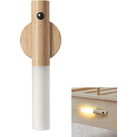 Wandleuchte aus Holz mit Bewegungsmelder, USB-aufladbar, warmweiß, kabellos, mit Schalter für Schlafzimmer, Flur, Treppenhaus