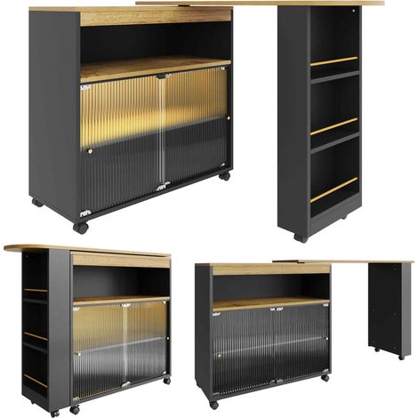 Table bar extensible avec rangement, table bar mobile moderne, table bar télescopique avec LED, table haute bistrot, îlot de cuisine, grande capacité de rangement, noir (138-204×39×105cm) (1/5)