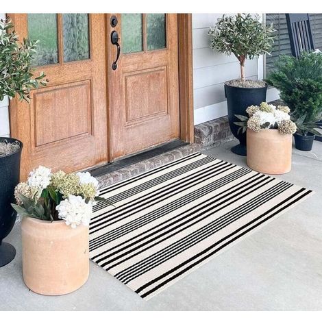 Paillasson noir et blanc à rayures, 69,8 x 110 cm, tapis d'extérieur en coton tissé à la main, tapis d'intérieur et d'extérieur pour porche (1/4)