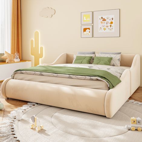 Polsterbett Kinderbett  140200 Weiches Samtbett mit hohem Kopfteil und Seitenschutzgittern, integrierte Matratze, Elegantes Beiges, Modernes Einzelbett (1/5)