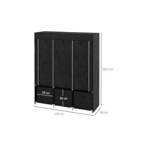 Armoire-penderie pliable noire en tissu non tissé avec 3 tiroirs et 125 x 43 x 162,5 cm pour chambre et dressing (1/5)