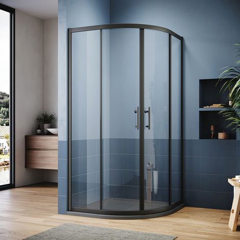 ELEGANT Quadrant Shower Enclosure Black Frame Sliding Cubicle Door 6mm Tempered Glass 800 x 800 mm with Grey Tray + Waste Tray (Black) (1/5)