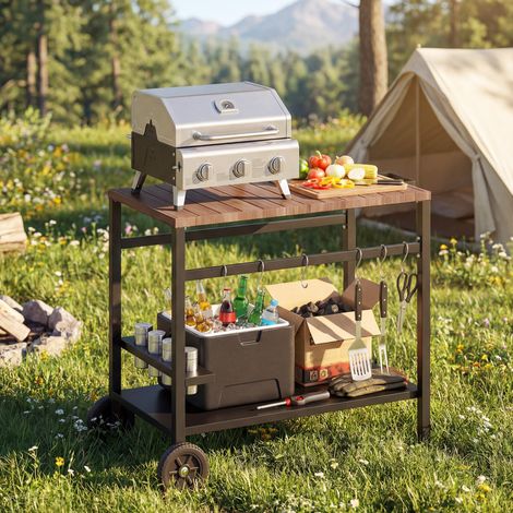 Desserte barbecue roulante avec porte-verres et crochets, chariot jardin sur roues, 97x51x83 cm, finition noir et bois, meuble d'extérieur pratique (1/5)