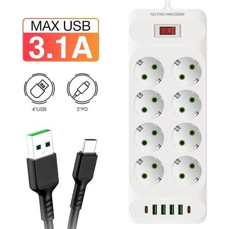 12 prises multiprise, 8 prises secteur + 3 USB + 1 USB-C, protection surtension 1050 J, rallonge 2 m, 5 V 3,4 A (1/5)