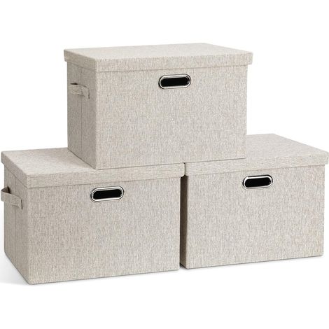 Faltbare Aufbewahrungsboxen mit Deckel, 3er-Set beige Leinenstoffe mit Deckel, Aufbewahrungskörbe fürs Schlafzimmer, (1/4)