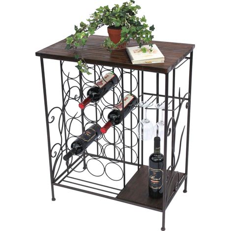 DanDiBo Weinregal mit Holzablage 12977 Flaschenregal mit Glashalter 83 cm Braun Metall Holz Flaschenhalter Weinschrank Regal Stehend