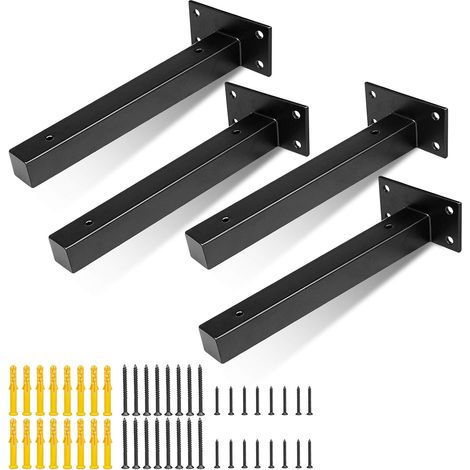 Lot de 4 supports d'étagère style industriel, supports muraux rétro en métal avec vis, acier inoxydable noir 250 mm (1/4)