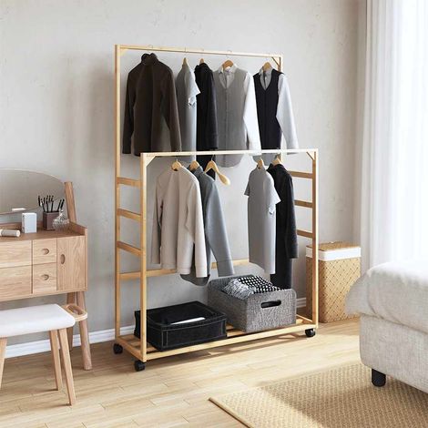 Porte-vêtements et étagères et roulettes 90x35x155 cm bambou