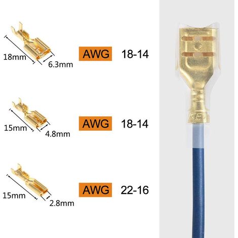150 Pcs Cosses à Sertir en Laiton 2.8/4.8/6.3mm Cosse Electrique à Sertir avec Isolation Manches Connecteur Cosse Femelle Anti-oxydation Anti-fissuration pour Automobile Bateau Moto Voiture (1/4)
