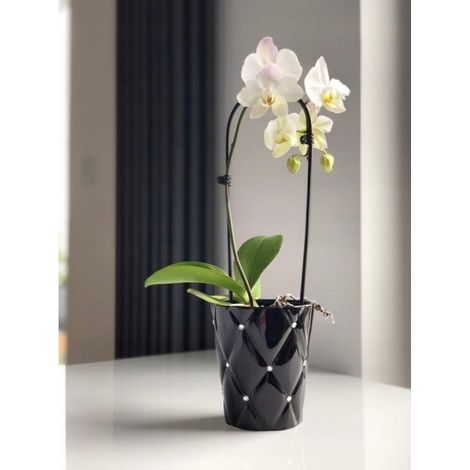 Pot de fleurs glamour en céramique noire orné de strass, 15 cm