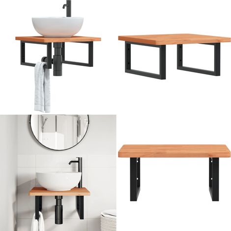 Estante de lavabo de pared de acero y madera maciza de haya - Estantería de pared - Estantería de acero
