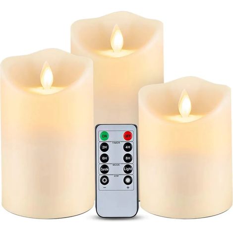QAZQA Bougies à LED de, Ensemble de 3 Bougies décoratives (10cm, 12.5cm, 15cm), Bougie sans Flamme de avec télécommande à 10 Boutons.Flamme LED Clignotante, Surface lisse