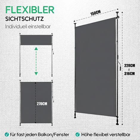 Store verticale extérieure extensible, fixation par serrage sans perçage, protection vue et vent pour balcon ou terrasse, résistant aux intempéries, couleur anthracite, avec manivelle, dimensions 150 