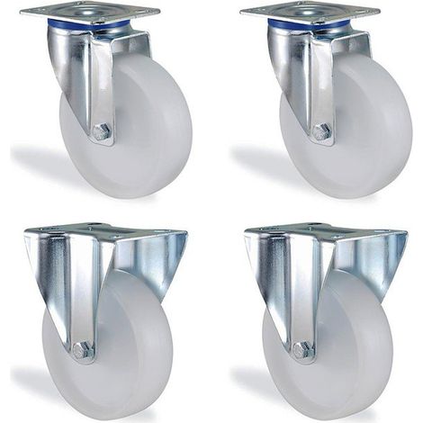Lot roulettes pivotantes et fixe polypropylène blanc diamètre 80mm charge 300kg
