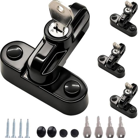 Lot de 4 verrous de fenêtre pivotants avec 2 clés, en aluminium noir T Form serrure de fenêtre pour sécurité et protection contre les effractions, serrures pour fenêtres à un vantail (1/5)