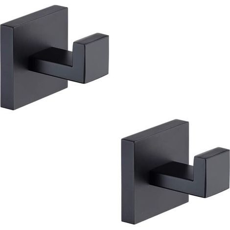 2-Piece Square Hook Set in 304 Stainless Steel for Bathroom with Matte Towel Rail and Door Hook for Hats, Bathroom Accessories, Screwless, Black (1/5)