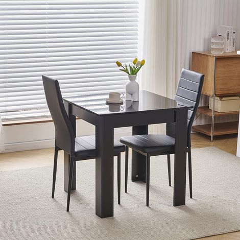 75x75cm Square Dining Table and Chairs Set, Small Dining Room Set High Gloss Dining Table with Chairs Home Furniture (Black Faux Leather, Black Table with 2 Chairs) (1/5)