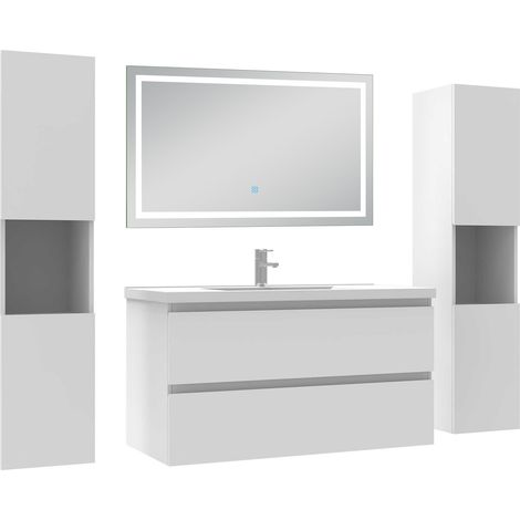 Aica Ensemble meubles Salle de Bain 100cm avec Colonne + Miroir Lumineux 3 Couleurs et Dimmable Blanc (1/5)