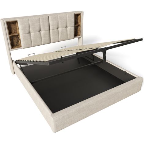 Letto contenitore 160x200 cm con ricarica wireless USB-C testiera in lino naturale (1/5)