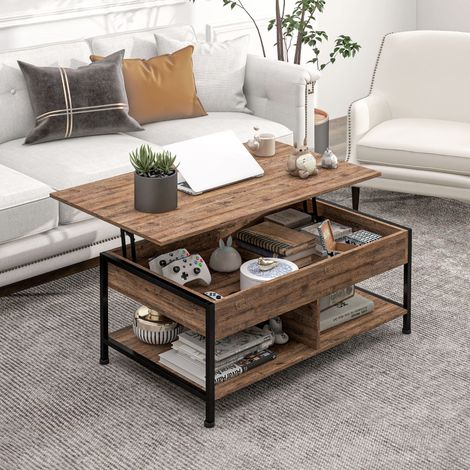 Table basse relevable table de salon compartiment caché 2 étagères inférieures 100 x 80 x 60 cm marron rustique noir (1/5)