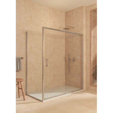 Box doccia scorrevole+fisso + laterale fisso, con profilo inferiore, vetro sicurezza 6mm anticalcare, 112,5-117,5cm x Fisso 87,5-90cm H=200cm, Argento