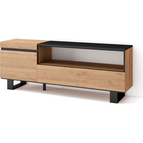 Skraut Home - Mueble TV, Televisión, Muebles de salón, almacenaje, 150x57x35cm, Para TV hasta 65", Diseño industrial, Estilo Moderno, Roble y negro (1/5)