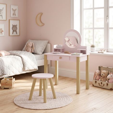 Coiffeuse enfant en bois avec miroir et tabouret, table de maquillage enfant avec tiroir et étagère, 3 à 6 ans, rose (1/5)