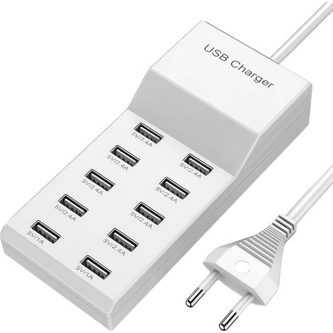 Blanc Chargeur USB multiple, 50 W, station de charge, 10 ports, port unique 5 V/2,4 A/1 A, bloc d'alimentation USB, station de charge (1/5)
