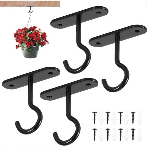 Lot de crochets de plafond pour plantes suspendues, crochets de plafond en métal avec vis, crochets muraux pour pots de fleurs, lampes, mangeoires à oiseaux et décoration intérieure (noir) (1/5)
