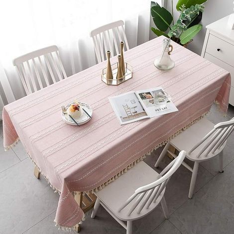 Rose – Rechteckige, bestickte Tischdecke mit Fransen aus strapazierfähigem Leinen (1/5)