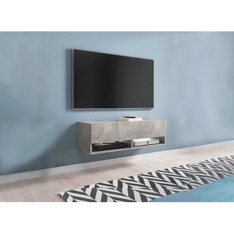 Meuble TV suspendu 1 porte 2 niches gris béton ROMANE - 100 cm (1/5)