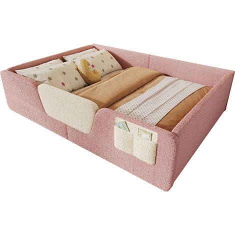 Lit enfant 140x190 cm en velours rose avec barrières de sécurité amovibles, poche de rangement intégrée, sans matelas, cadre rembourré – CHICFURN (1/5)