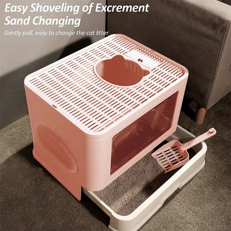 Bac à Litière Fermé pour Chat, Maison de Toilette, Plateau Amovible, Pelle, Brosse, pour Grand Chat, Capacité de Charge 10 kg, Anti-Traces, Anti-fuites, Rose