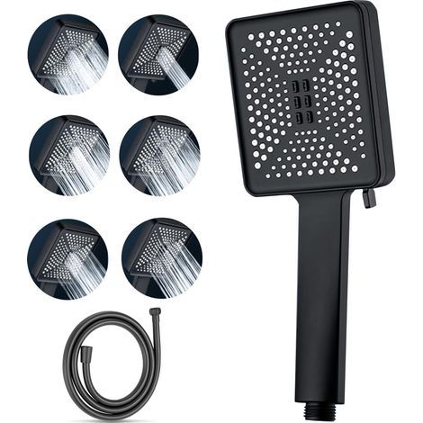 Pommeau de Douche Massant avec 6 Modes de Pulvérisation, Douchette Douche avec 1.5M Tuyau, Grande Douche à économie d'eau à Haute Pression,Pommeau Douche Economiseur d'eau Chrome (Noir) (1/4)