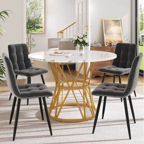Set da pranzo 5 pezzi 100x100x76 cm, tavolo rotondo con 4 sedie, piano effetto marmo, velluto grigio e oro (1/5)